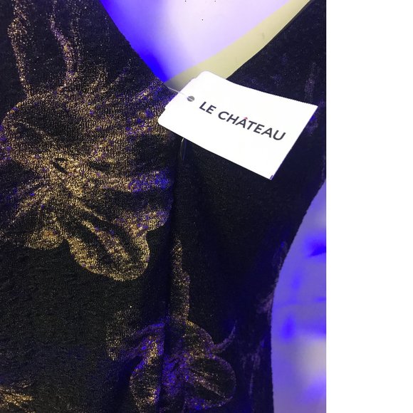 Le Chateau Black Gold Flowers Metallic V-back Evening Cocktail Bodycon Dress NWT - Picture 2 of 5